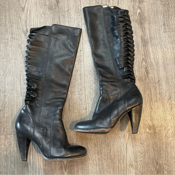 Frye Shoes - FRYE Mikaela Twisted Black Leather Heeled Tall Boots